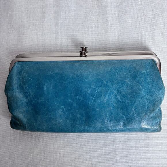 HOBO Handbags - HOBO Lauren Leather Clutch Wallet Double Kiss Lock Frame Blue Boho Distressed